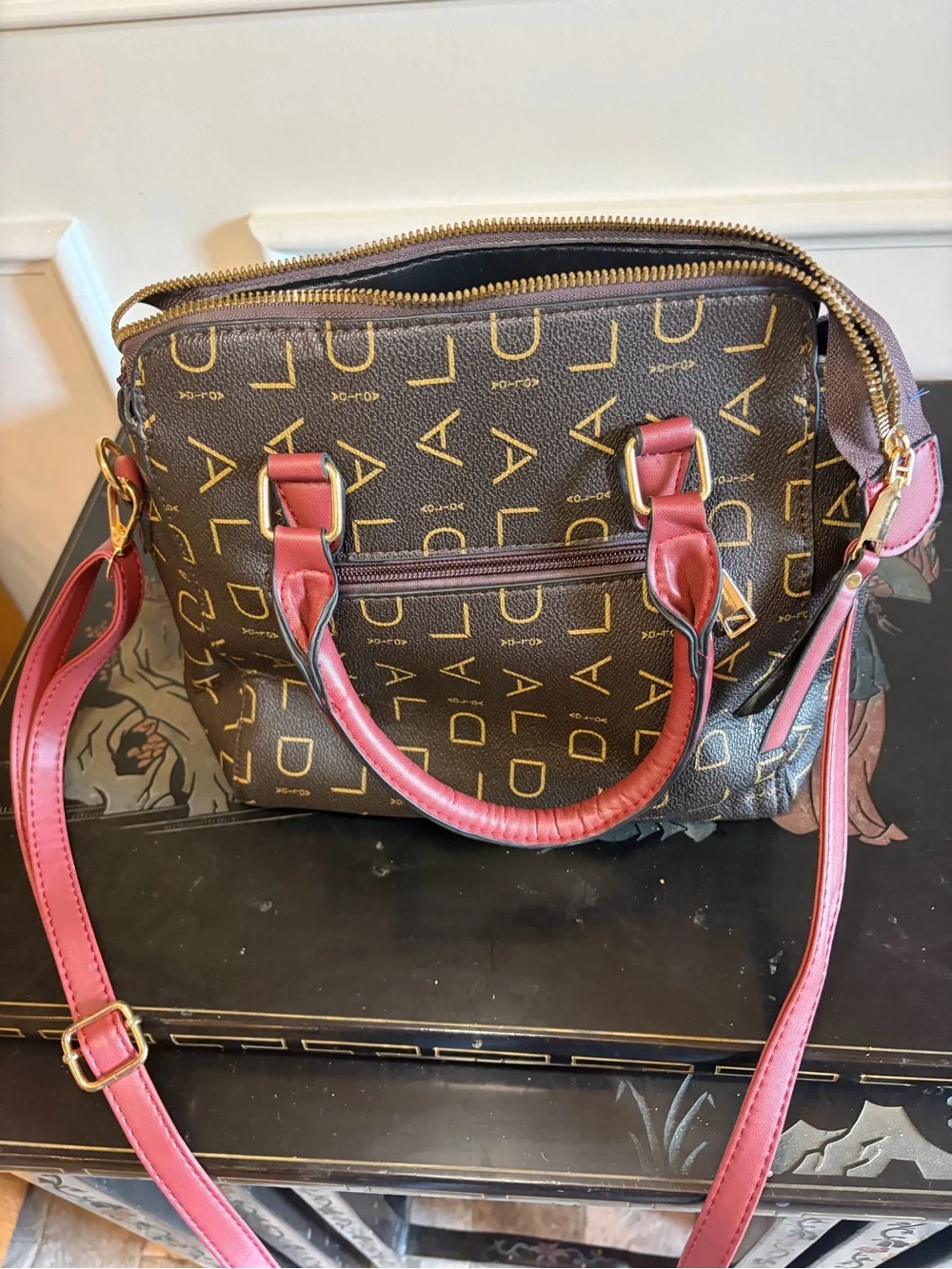 Aolida Monogram Satchel with Burgundy Trim and Strap